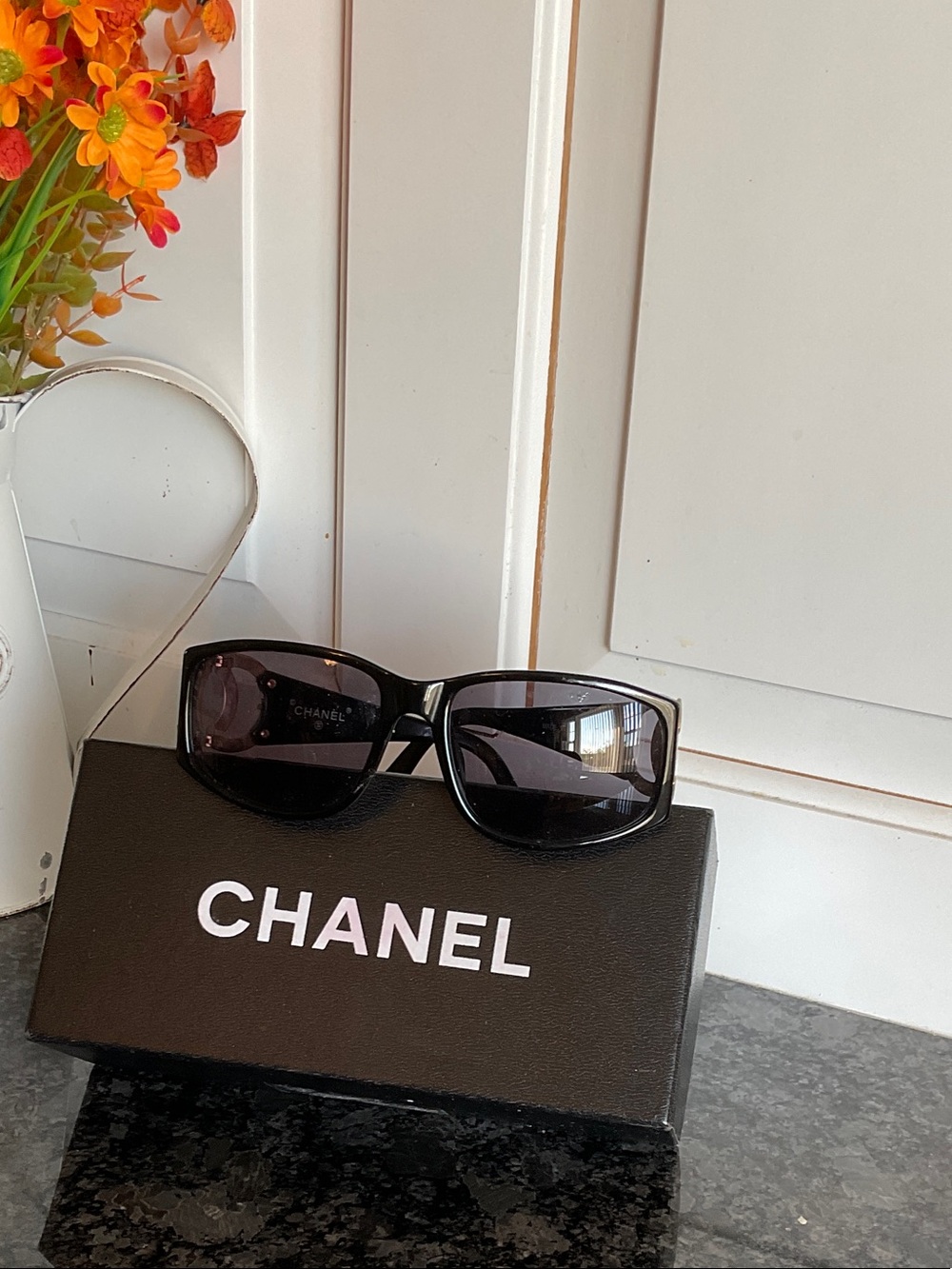 CHANEL Black Rectangular Sunglasses with Dark Lenses